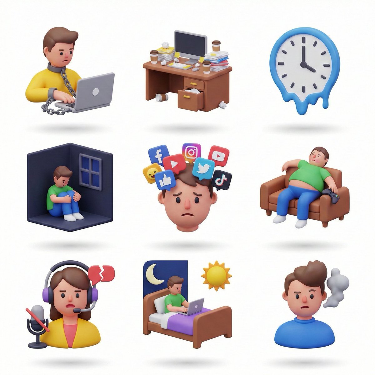 Colorful 3D Icon Collection: 90s Gadgets, February, Emotional Fruits, Remote Work
