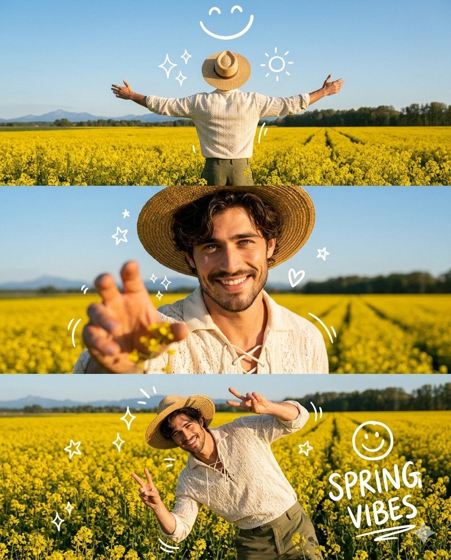 Spring Mustard Field Vertical Photo Collage with Hand-Drawn Doodles