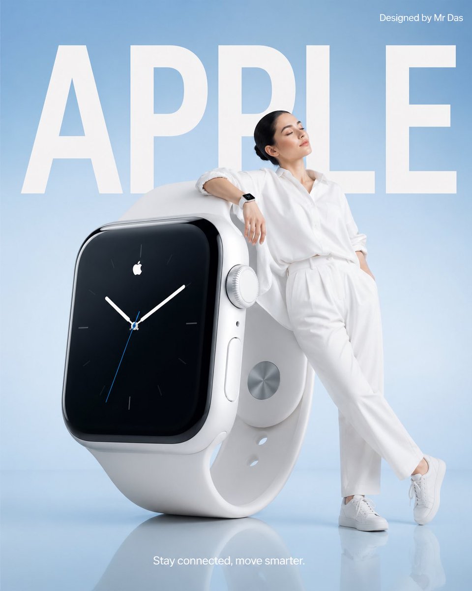Minimalistische Apple Smartwatch Werbeanzeige mit junger Frau in Weiß
