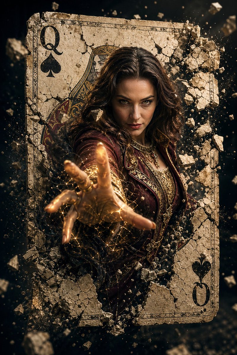 Hyper-Realistic Cinematic Movie Poster of Female Sorcerer Bursting Through Queen of Spades