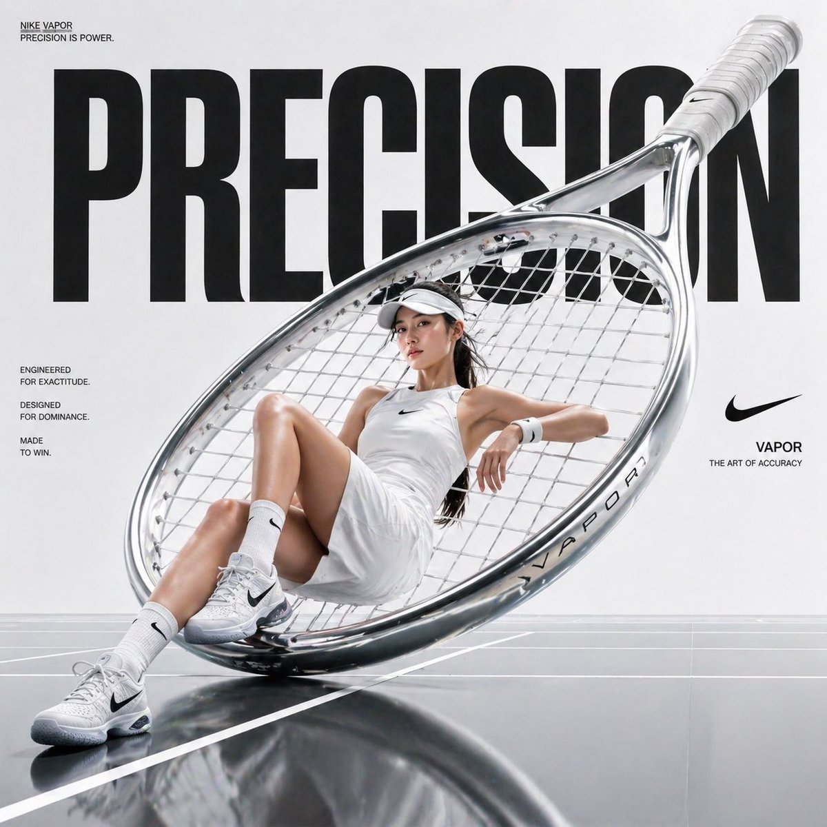 Awangardowa Reklama Mody Sportowej z Ogromną Rakietą Tenisową i Typografią PRECISION