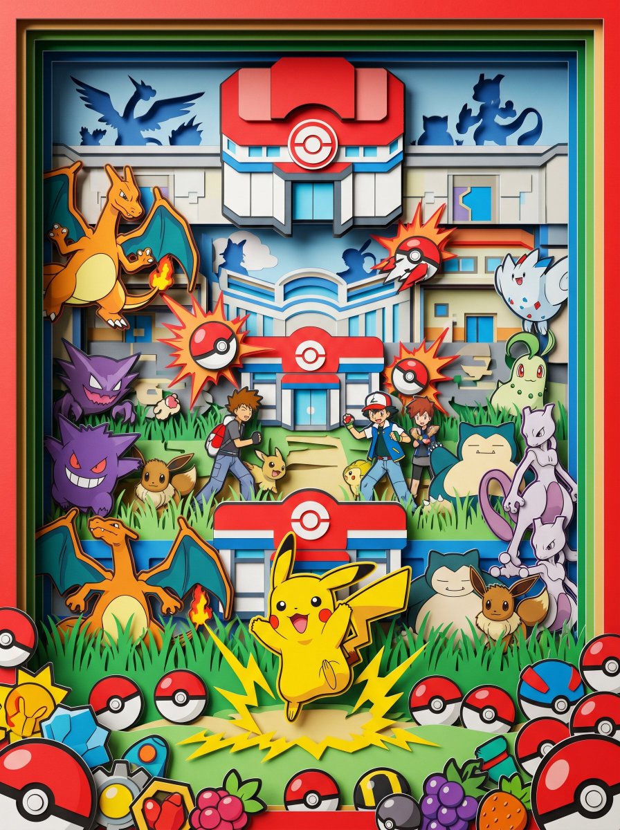 Hyper-Vibrant 3D Paper Cut-Out Pokémon Diorama with Pikachu and Charizard