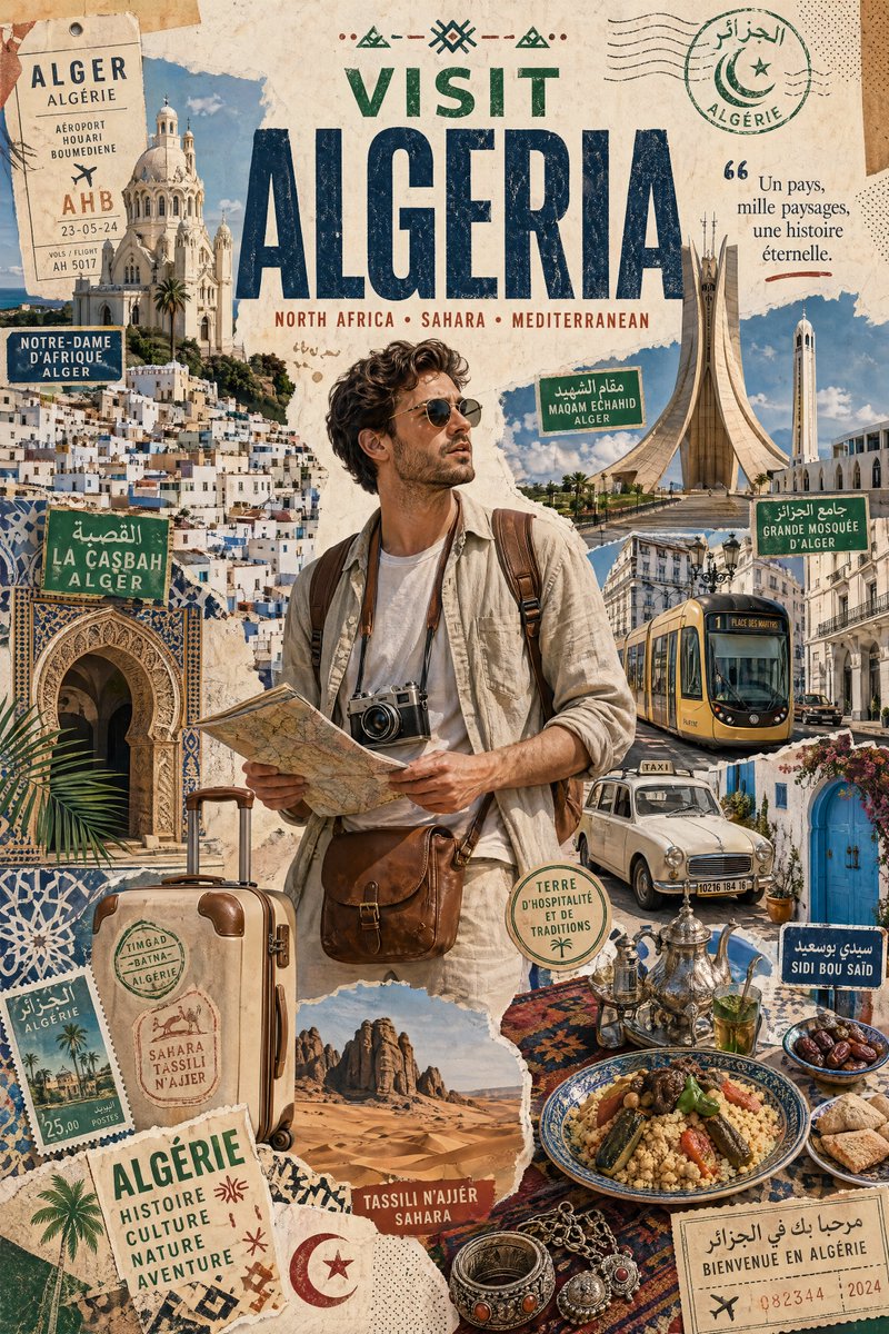 Stylized Travel Poster of Algeria with International Tourist