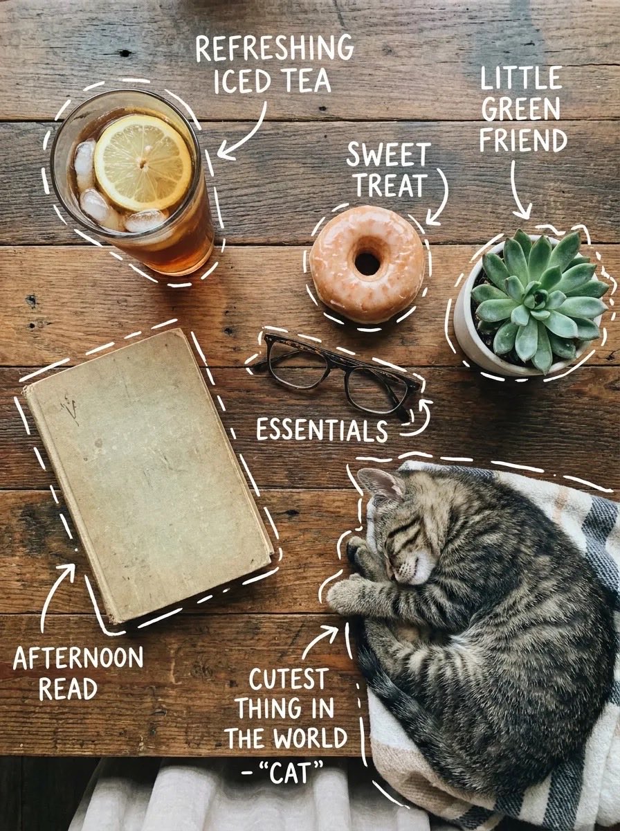 Flat lay acogedor con té helado, dona y gato durmiendo