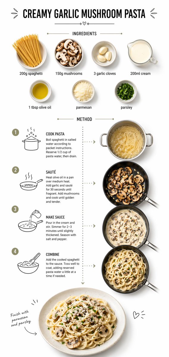 Cremige Knoblauch-Pilz-Pasta Rezept-Infografik