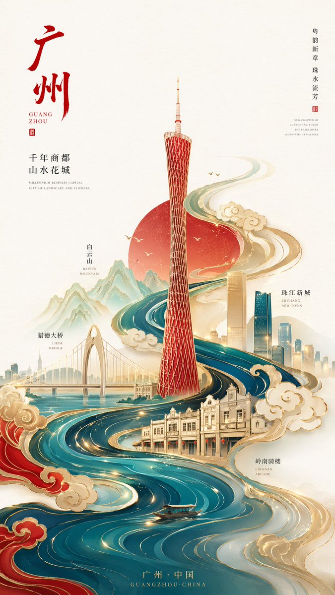 Neo-chinesisches minimalistisches Guangzhou-Stadtplakat