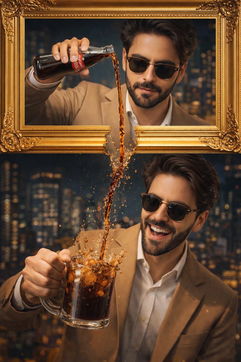 Stylish Man Pouring Coca-Cola in Gold Frames