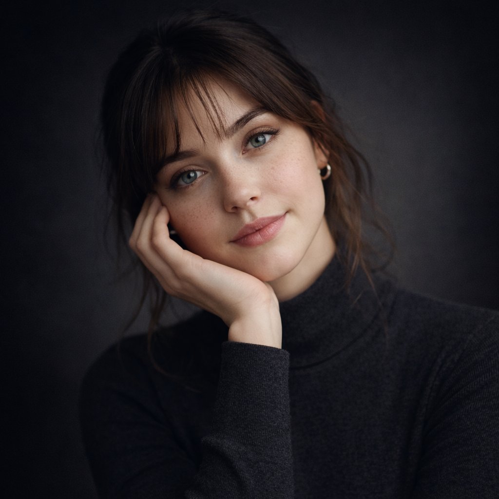 Retrato de joven con suéter de cuello alto gris