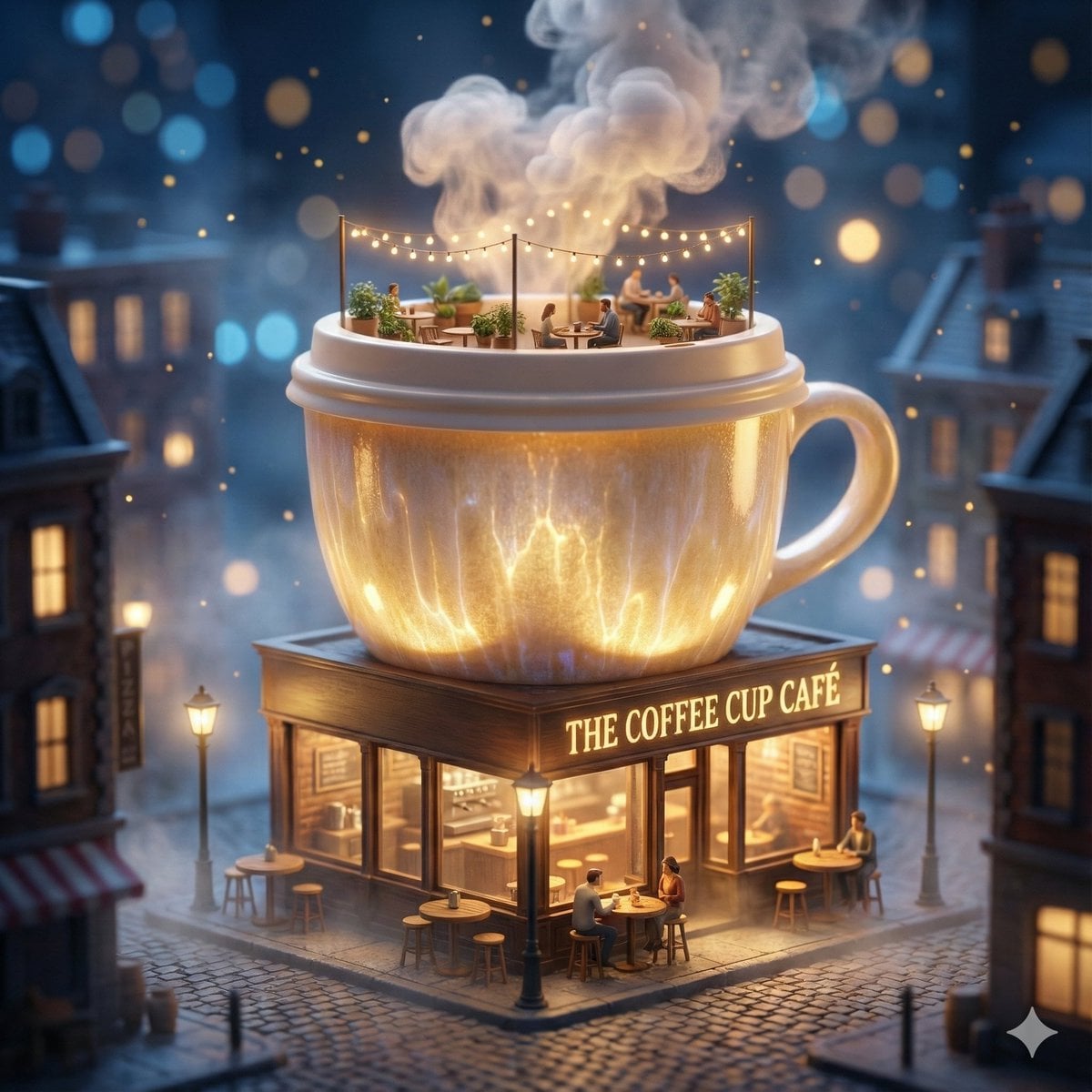 Surreale Kaffeetassen-Café in Miniaturstadt