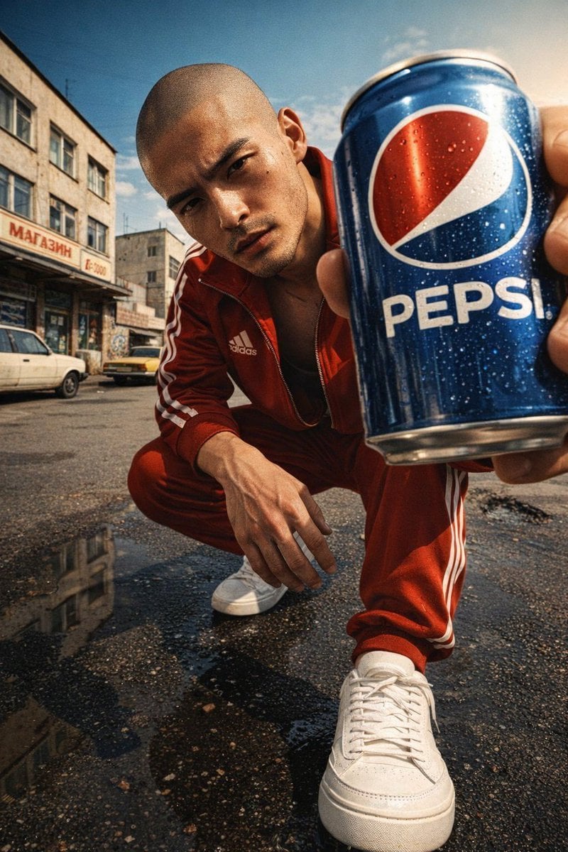 Ultra-Realistic Bald Model Pepsi Can Portrait 1990s USSR Street