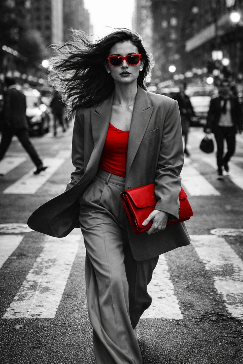 Confident Woman in Red Street Fashion