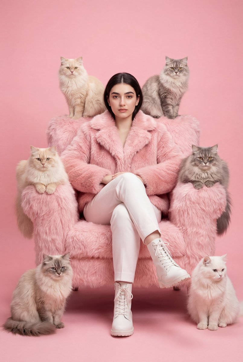 Retrato de Moda en Piel Sintética Rosa con Gatos