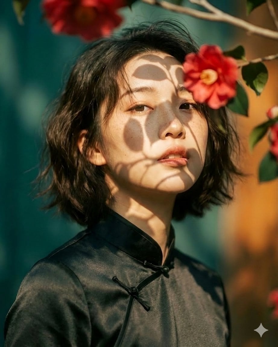 Elegantes Cheongsam-Porträt im Traumgarten