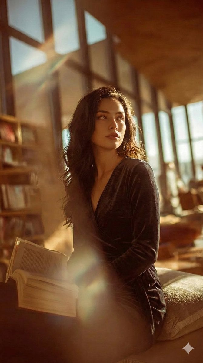 Retrato de biblioteca a la hora dorada | Fotografía editorial cinematográfica
