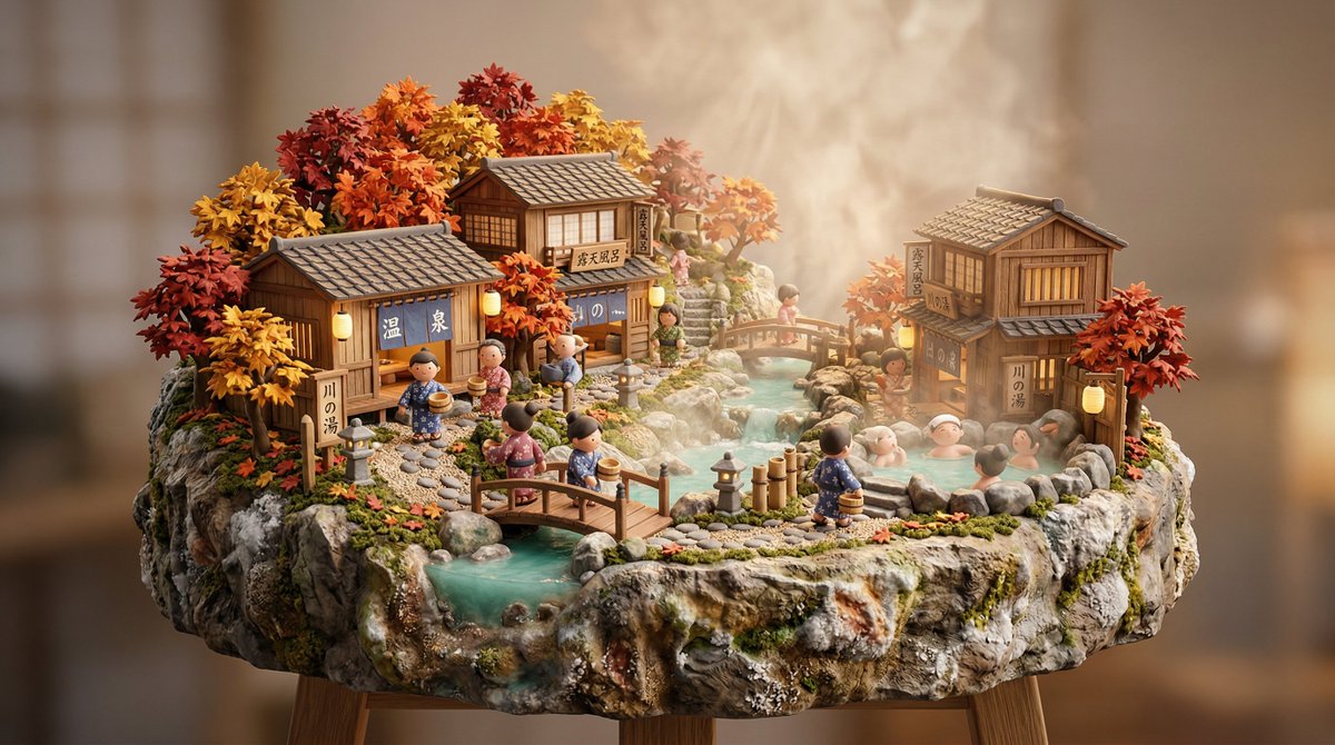 日本温泉村微缩模型 | 可爱3D立体场景