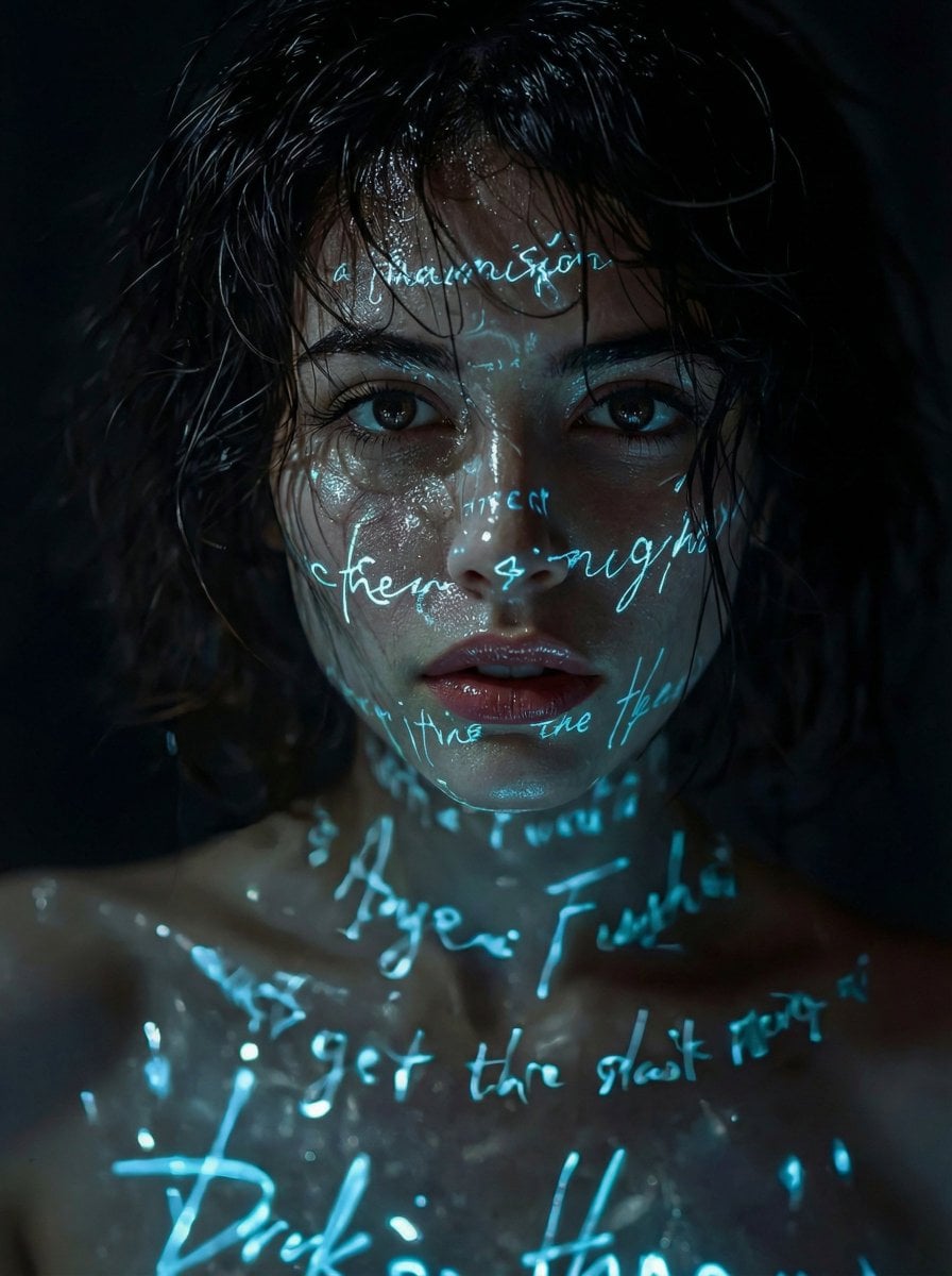 Neon-Cyber-Porträt einer mysteriösen Frau im Regen