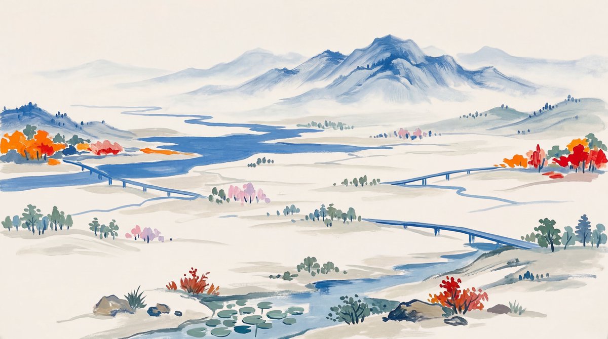 藍色山水遠景畫 | 遠山風景藝術