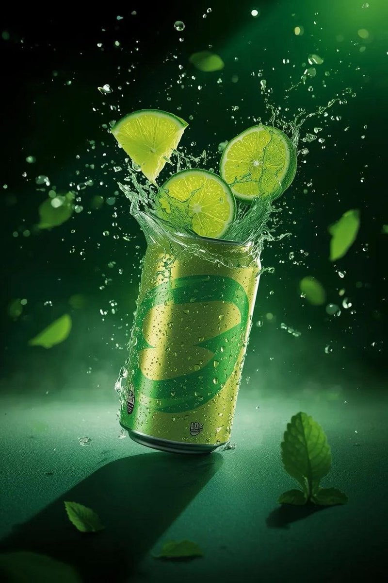 青柠苏打水飞溅 – 清爽饮料广告