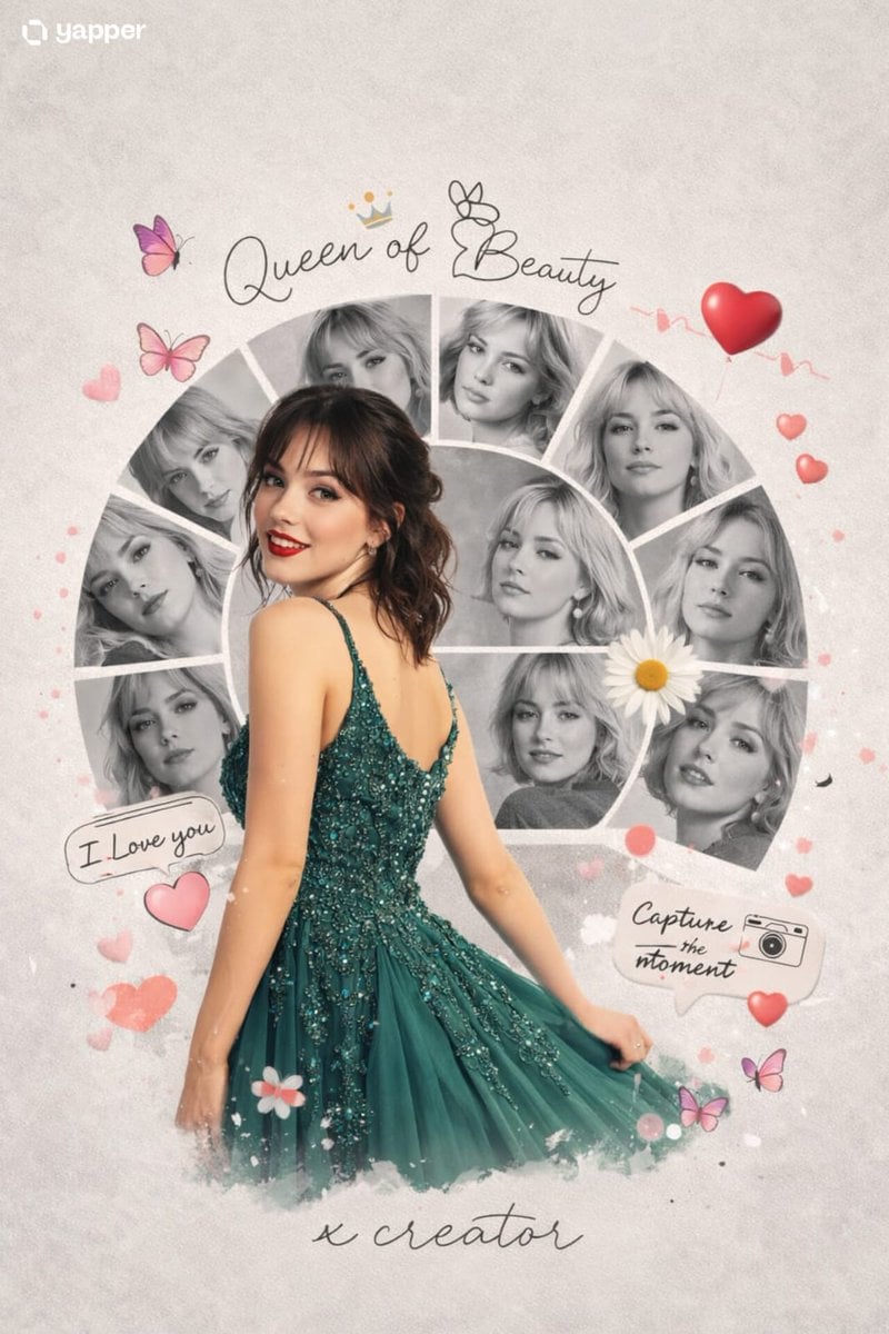 Collage fotográfico digital romántico con vestido verde pavo real