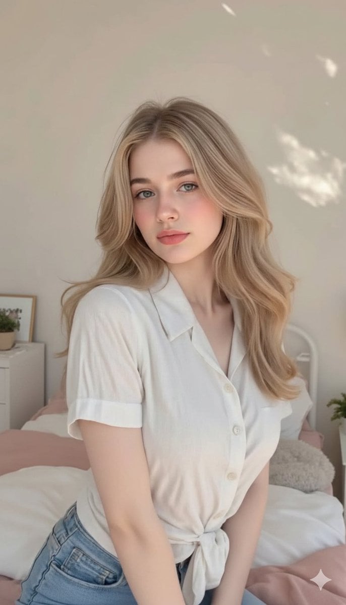 Femme blonde sur un lit | Portrait de chambre cosy